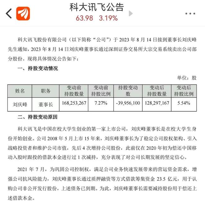 科大讯飞一致行动人协议期满终止不再续签 公司实控人调整为刘庆峰