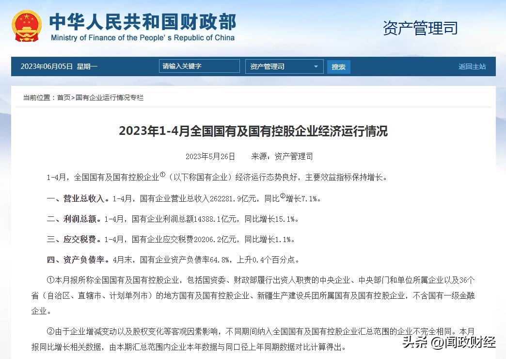 财政部：1-10月全国国有及国有控股企业营业总收入同比增长0.9%